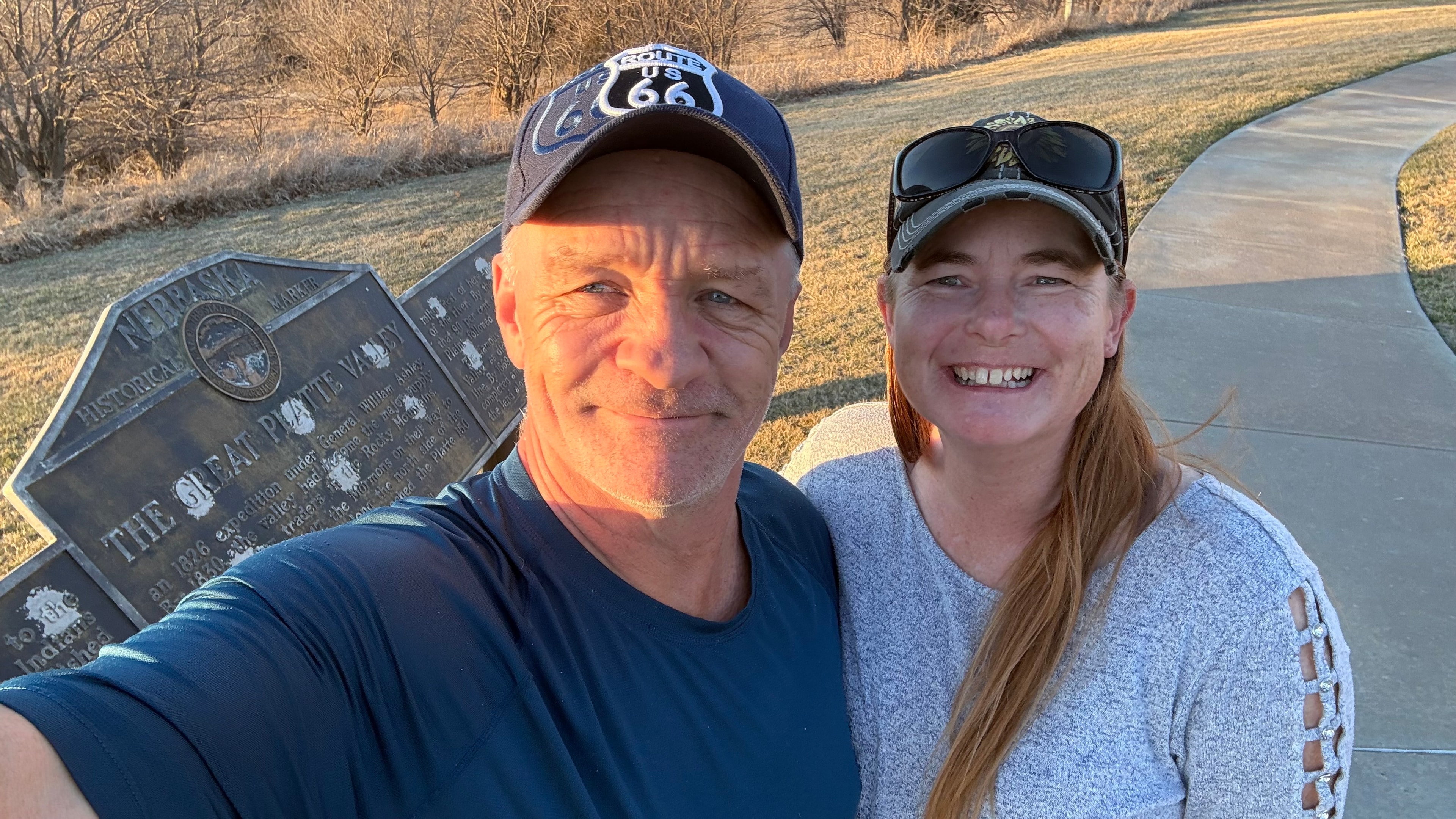 Ray and Susan at the Great Platte Valley historical marker in Nebraska